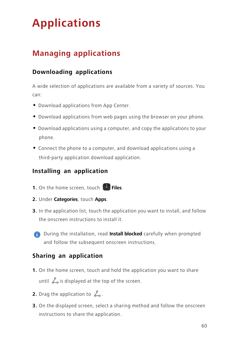 Applications, Managing applications, Downloading applications | Installing an application, Sharing an application | Huawei Ascend Mate7 MT7-L09 User Manual | Page 64 / 87