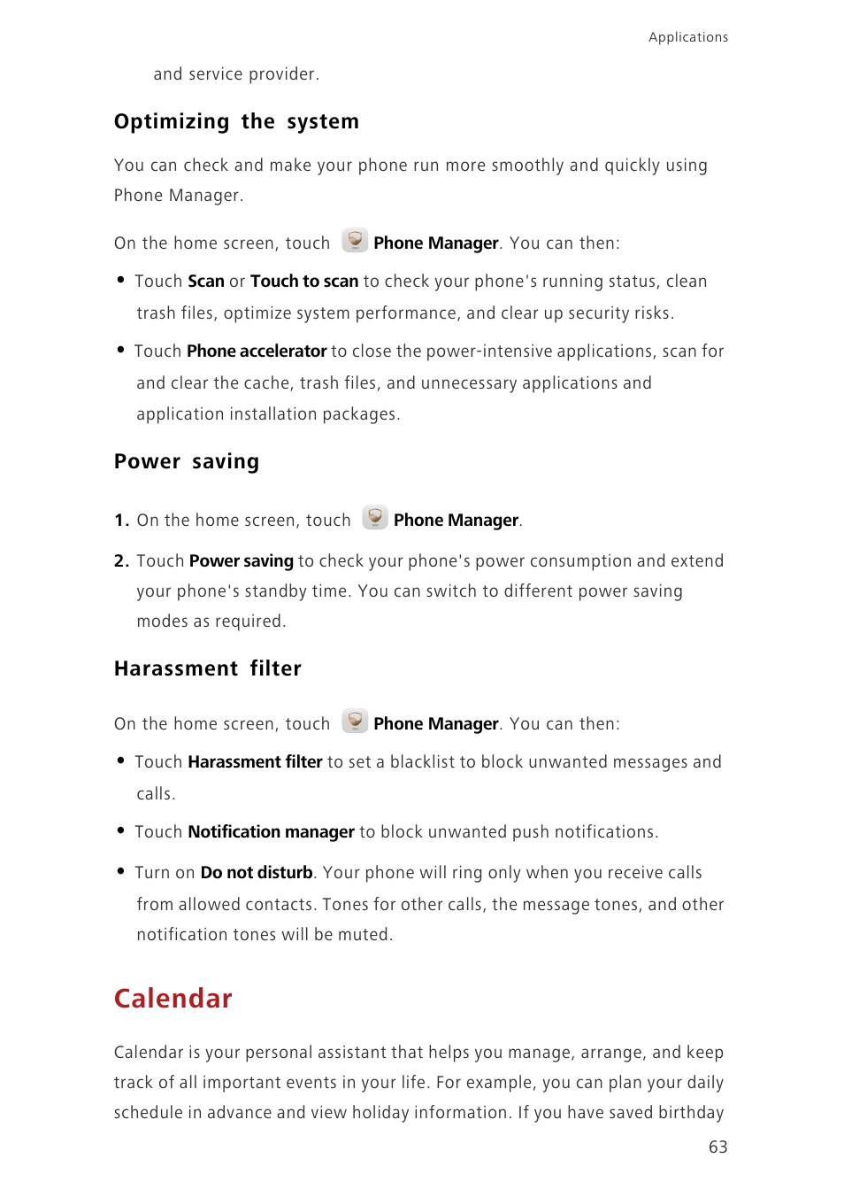 Optimizing the system, Power saving, Harassment filter | Calendar | Huawei Ascend Mate7 MT7-L09 User Manual | Page 67 / 87