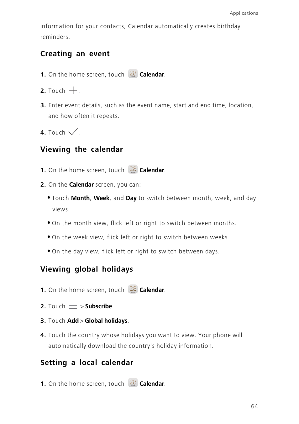 Creating an event, Viewing the calendar, Viewing global holidays | Setting a local calendar | Huawei Ascend Mate7 MT7-L09 User Manual | Page 68 / 87
