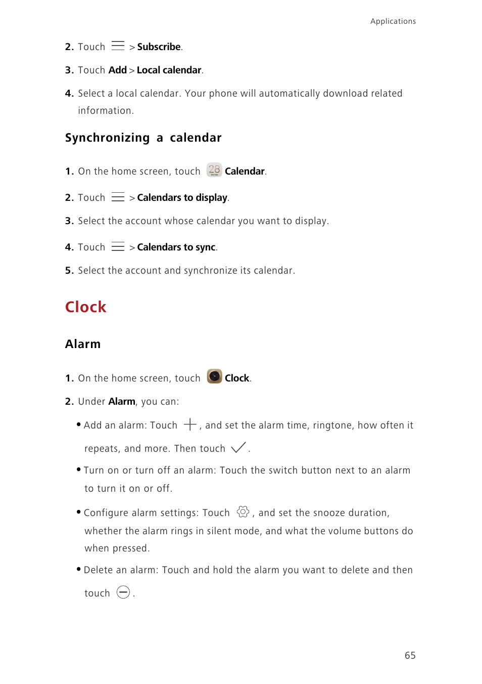 Synchronizing a calendar, Clock, Alarm | Huawei Ascend Mate7 MT7-L09 User Manual | Page 69 / 87