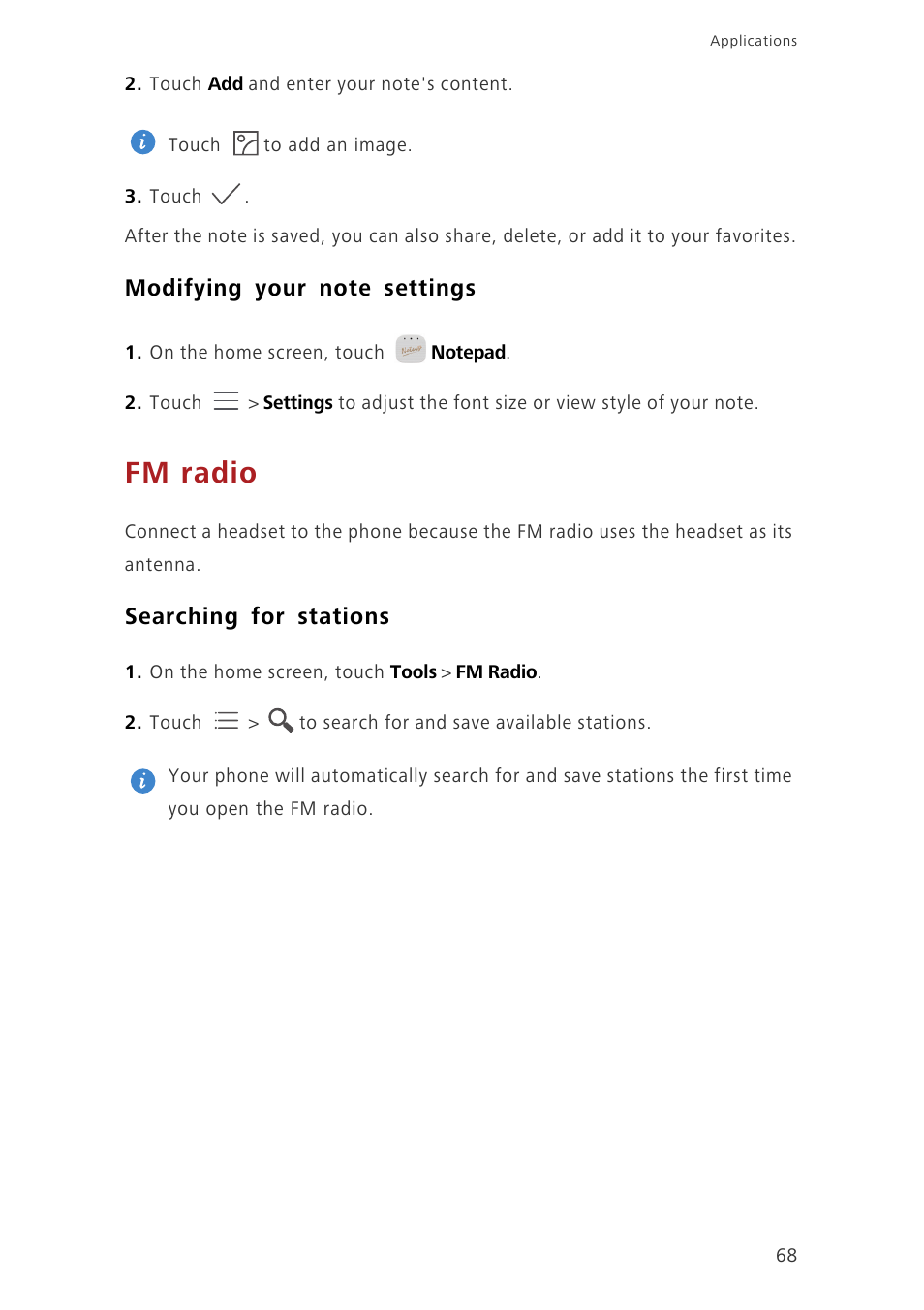 Modifying your note settings, Fm radio, Searching for stations | Huawei Ascend Mate7 MT7-L09 User Manual | Page 72 / 87