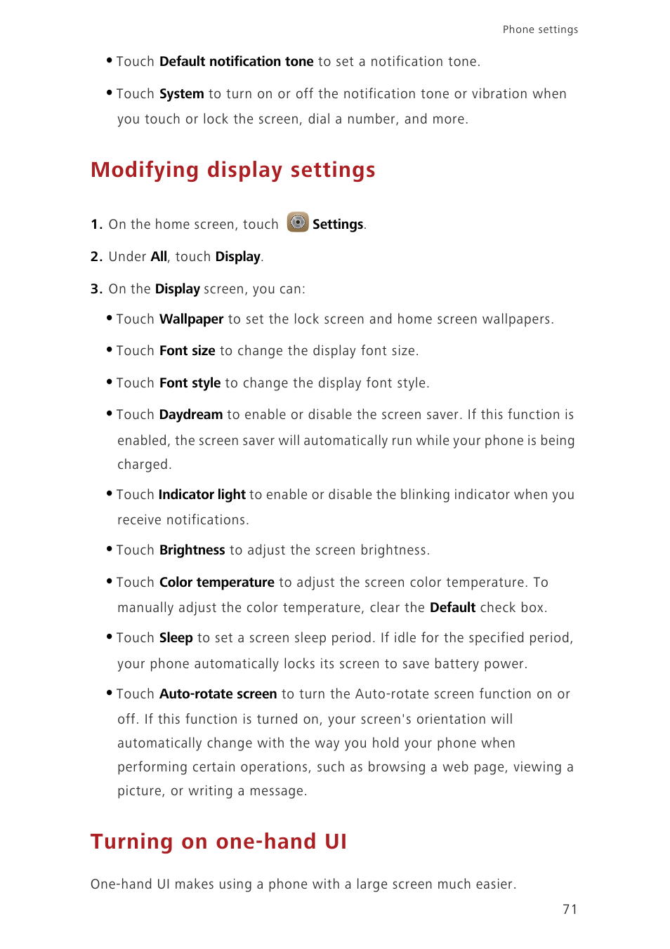 Modifying display settings, Turning on one-hand ui | Huawei Ascend Mate7 MT7-L09 User Manual | Page 75 / 87