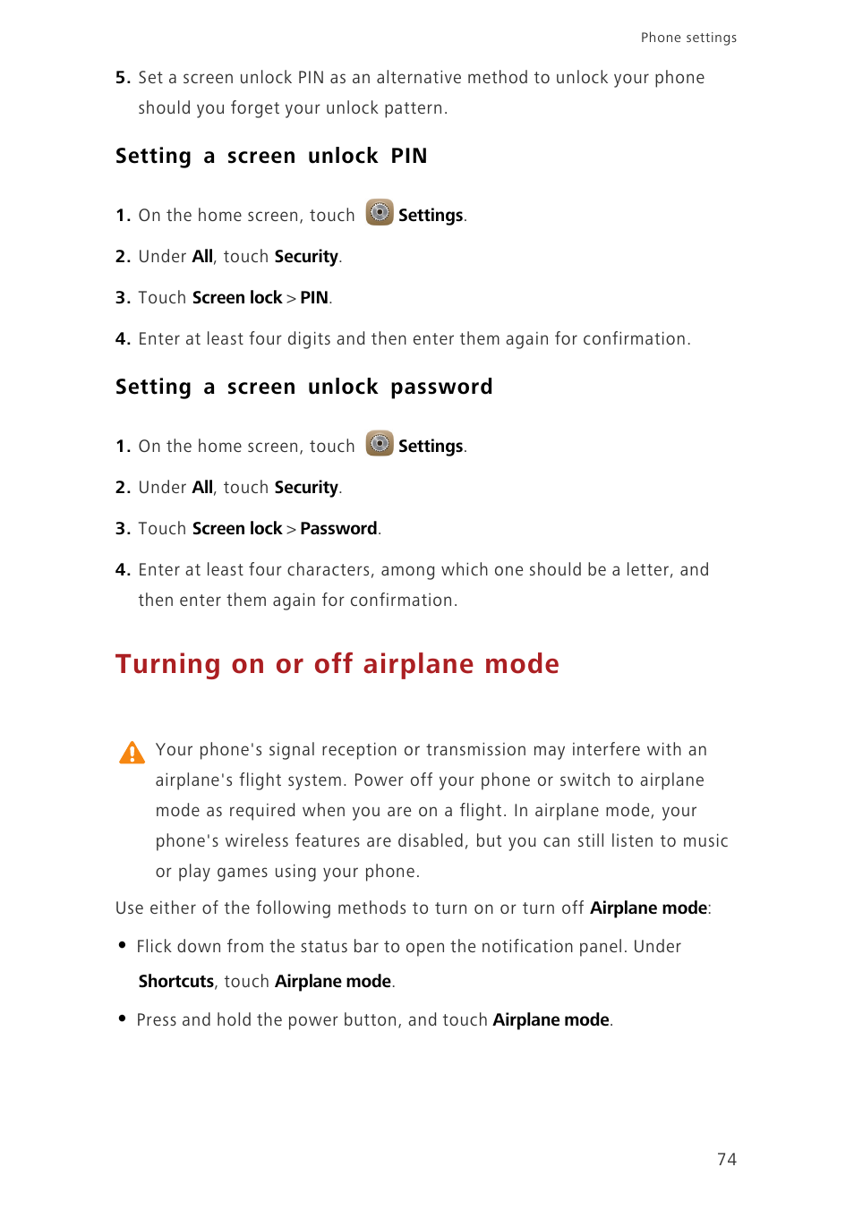 Setting a screen unlock pin, Setting a screen unlock password, Turning on or off airplane mode | Huawei Ascend Mate7 MT7-L09 User Manual | Page 78 / 87
