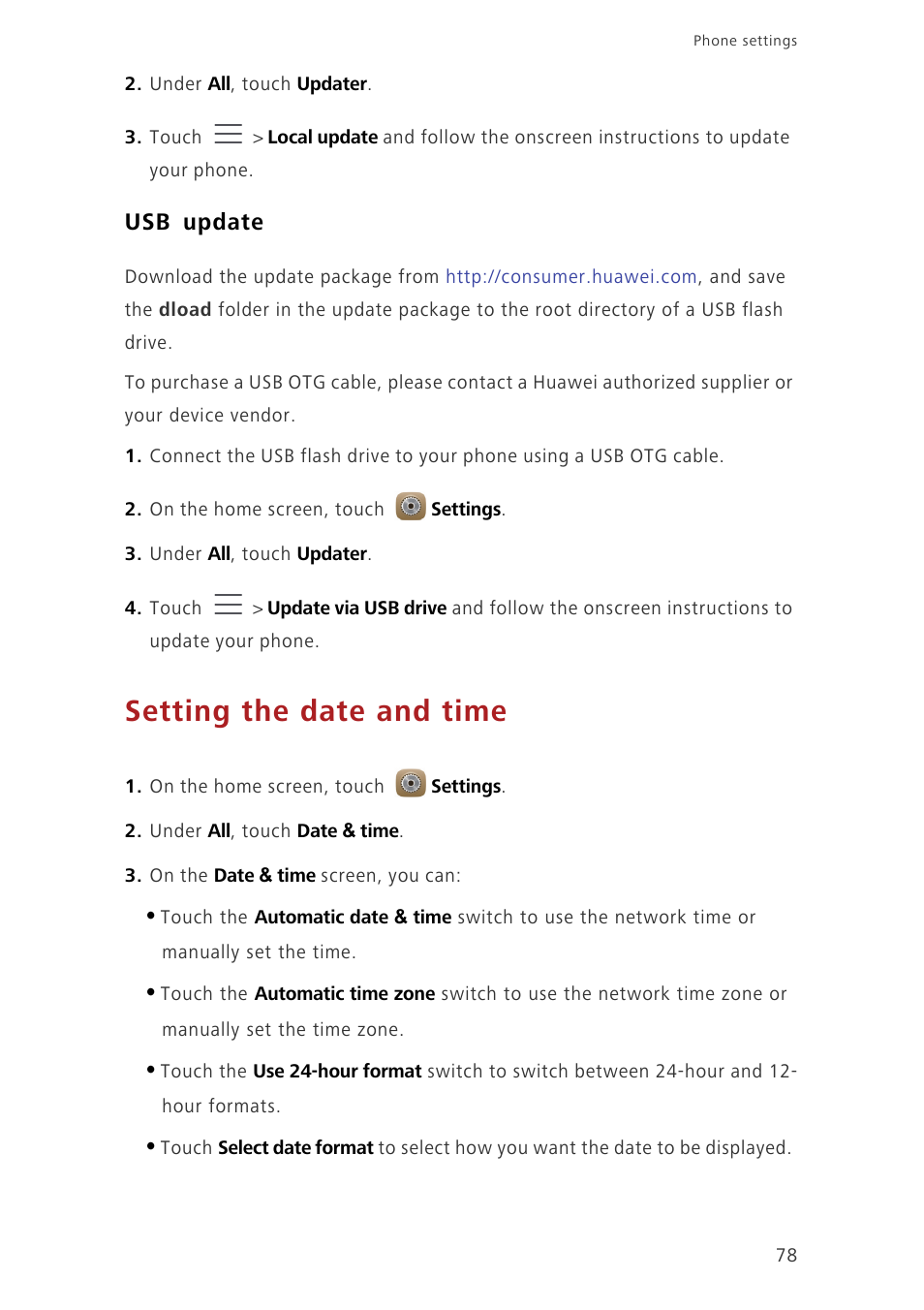 Usb update, Setting the date and time | Huawei Ascend Mate7 MT7-L09 User Manual | Page 82 / 87
