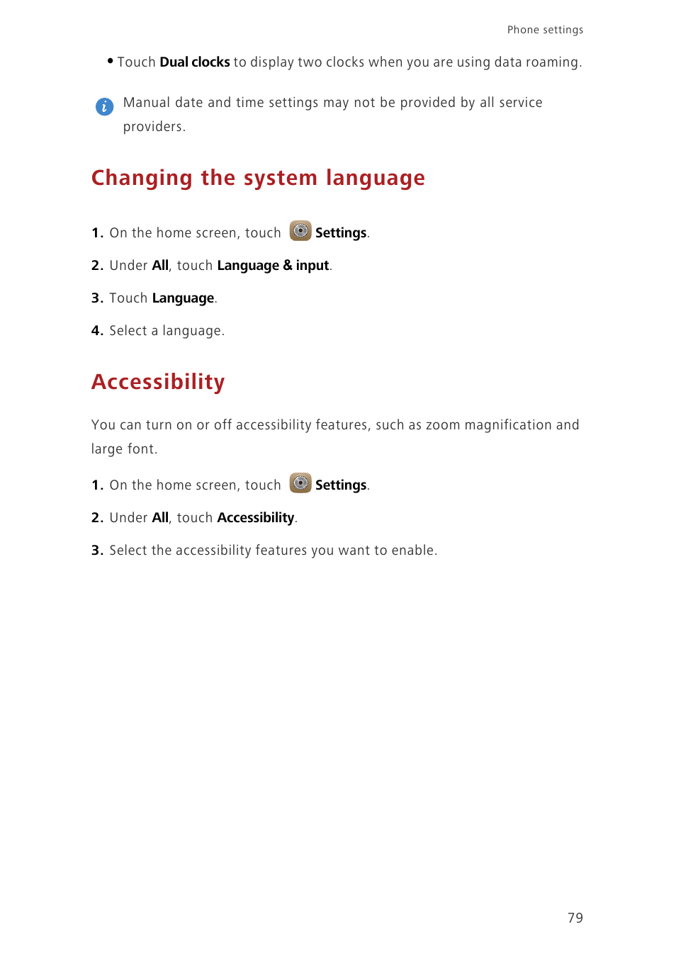 Changing the system language, Accessibility | Huawei Ascend Mate7 MT7-L09 User Manual | Page 83 / 87