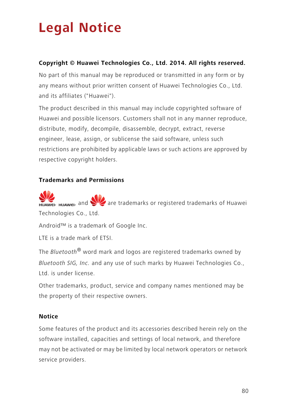 Legal notice, Trademarks and permissions, Notice | Huawei Ascend Mate7 MT7-L09 User Manual | Page 84 / 87