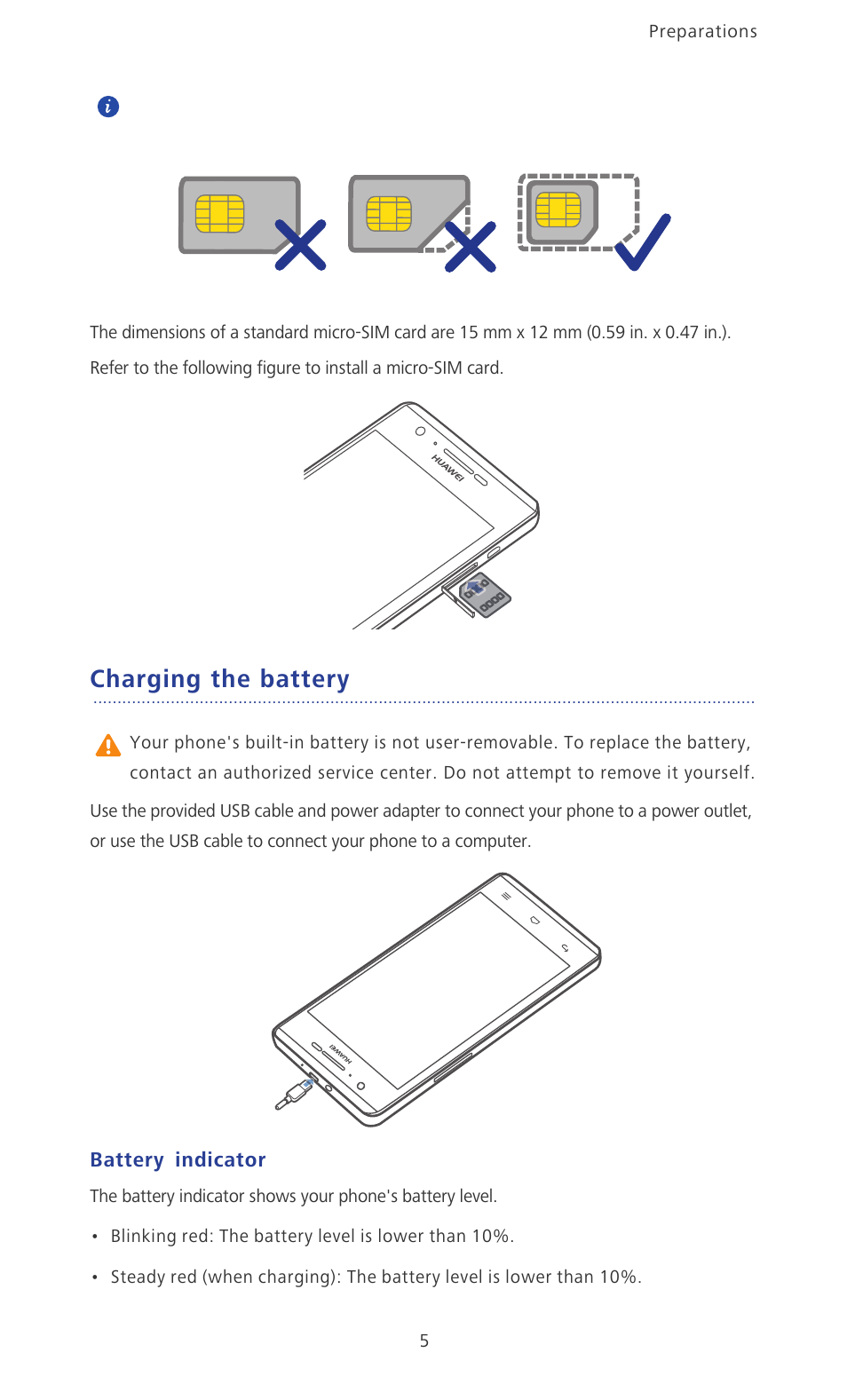 Charging the battery, Battery indicator | Huawei Ascend P2 P2-6011 User Manual | Page 10 / 104