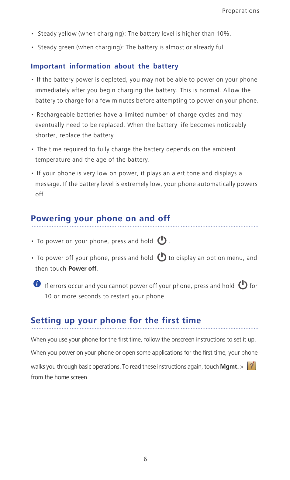 Important information about the battery, Powering your phone on and off, Setting up your phone for the first time | Huawei Ascend P2 P2-6011 User Manual | Page 11 / 104