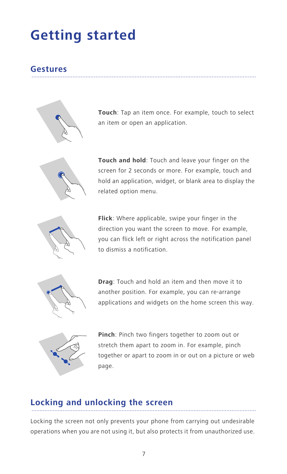 Getting started, Gestures, Locking and unlocking the screen | Huawei Ascend P2 P2-6011 User Manual | Page 12 / 104