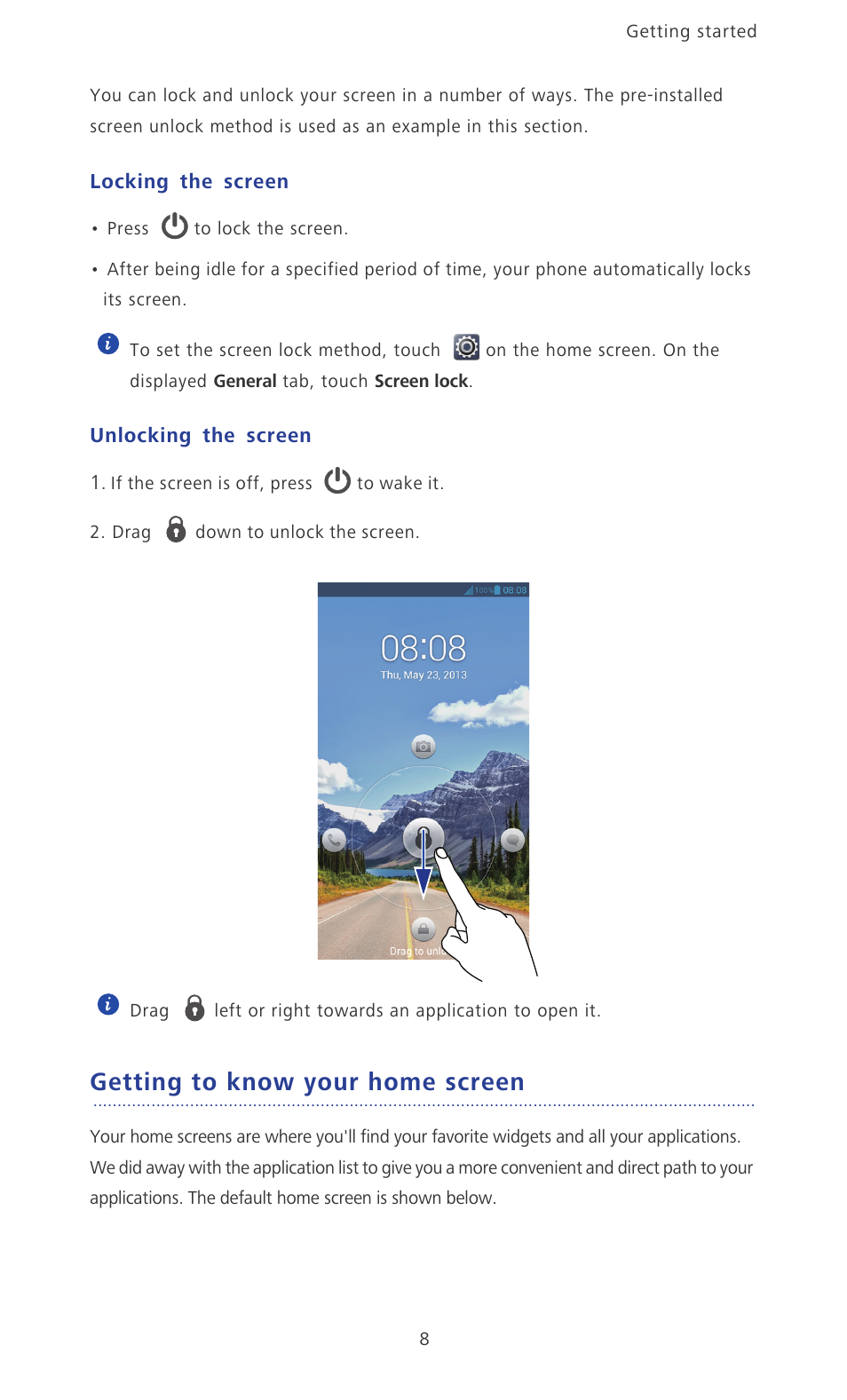 Locking the screen, Unlocking the screen, Getting to know your home screen | Huawei Ascend P2 P2-6011 User Manual | Page 13 / 104