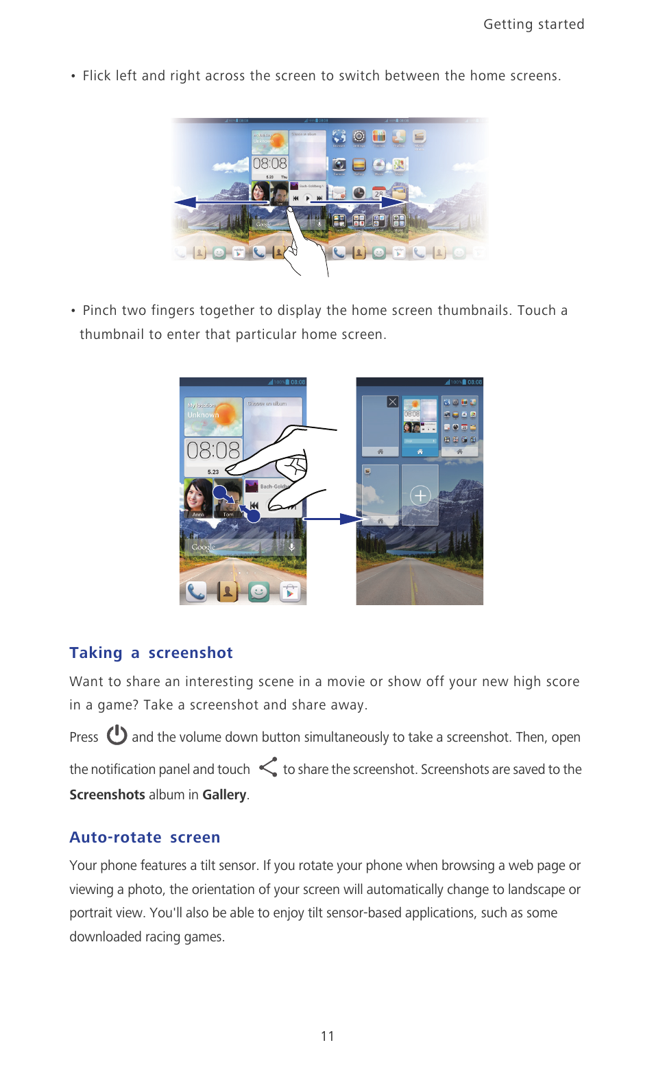 Taking a screenshot, Auto-rotate screen | Huawei Ascend P2 P2-6011 User Manual | Page 16 / 104
