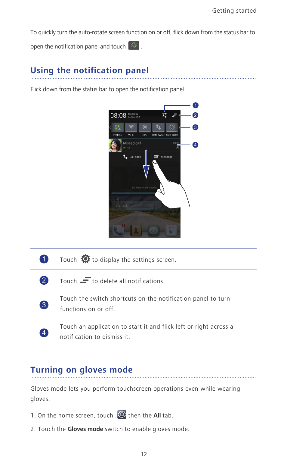 Using the notification panel, Turning on gloves mode | Huawei Ascend P2 P2-6011 User Manual | Page 17 / 104