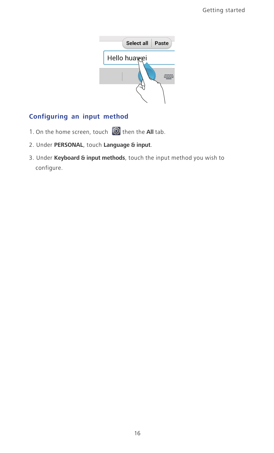 Configuring an input method | Huawei Ascend P2 P2-6011 User Manual | Page 21 / 104