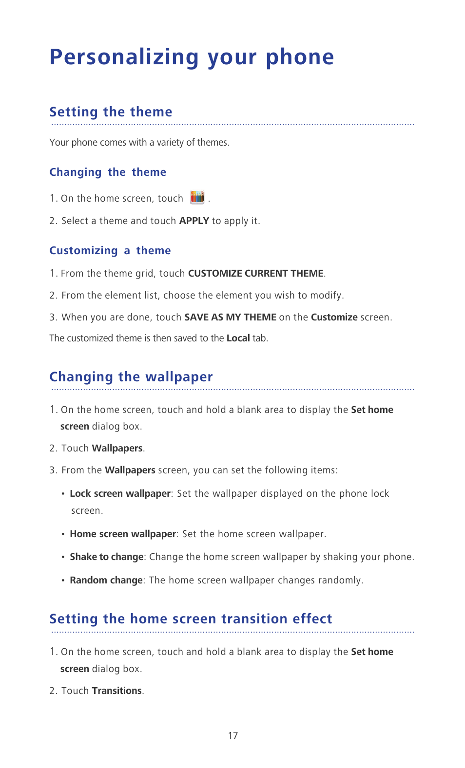 Personalizing your phone, Setting the theme, Changing the theme | Customizing a theme, Changing the wallpaper, Setting the home screen transition effect | Huawei Ascend P2 P2-6011 User Manual | Page 22 / 104