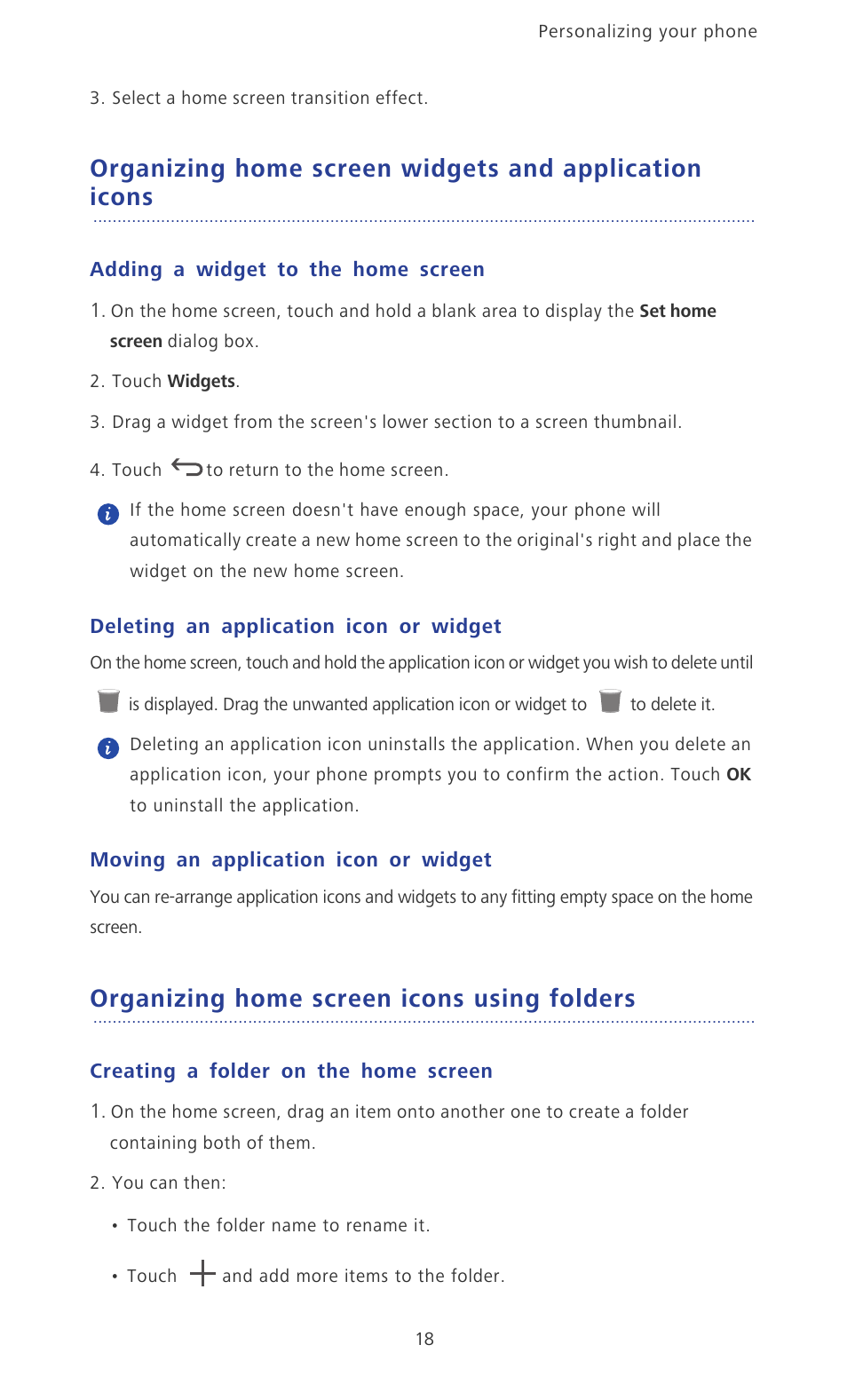 Adding a widget to the home screen, Deleting an application icon or widget, Moving an application icon or widget | Organizing home screen icons using folders, Creating a folder on the home screen, Organizing home screen widgets and application, Icons | Huawei Ascend P2 P2-6011 User Manual | Page 23 / 104