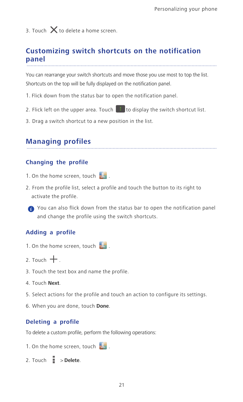 Managing profiles, Changing the profile, Adding a profile | Deleting a profile, Customizing switch shortcuts on the notification, Panel | Huawei Ascend P2 P2-6011 User Manual | Page 26 / 104