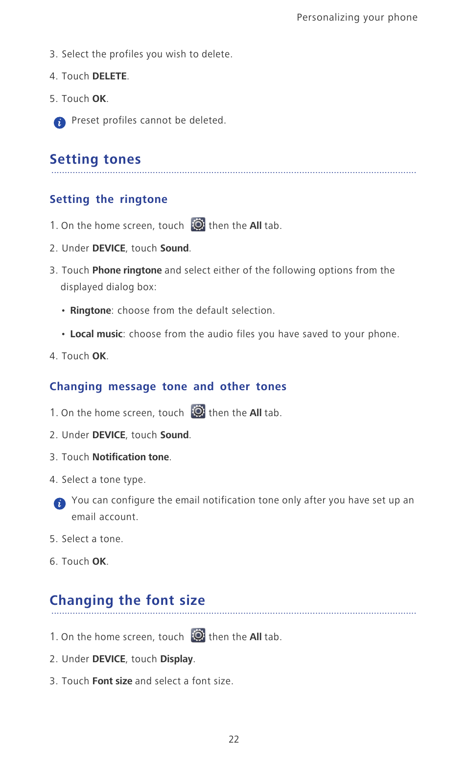 Setting tones, Setting the ringtone, Changing message tone and other tones | Changing the font size | Huawei Ascend P2 P2-6011 User Manual | Page 27 / 104