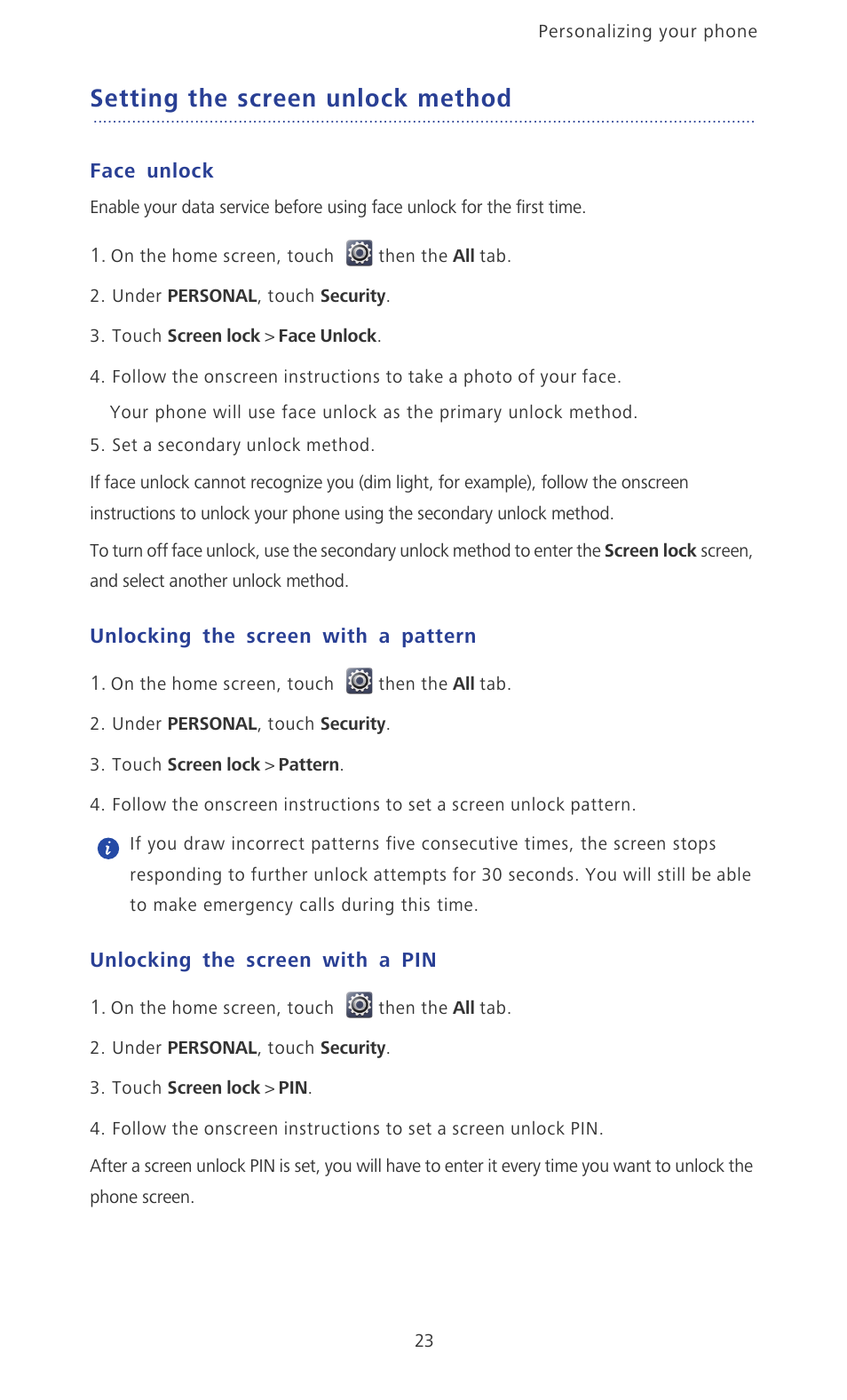 Setting the screen unlock method, Face unlock, Unlocking the screen with a pattern | Unlocking the screen with a pin | Huawei Ascend P2 P2-6011 User Manual | Page 28 / 104