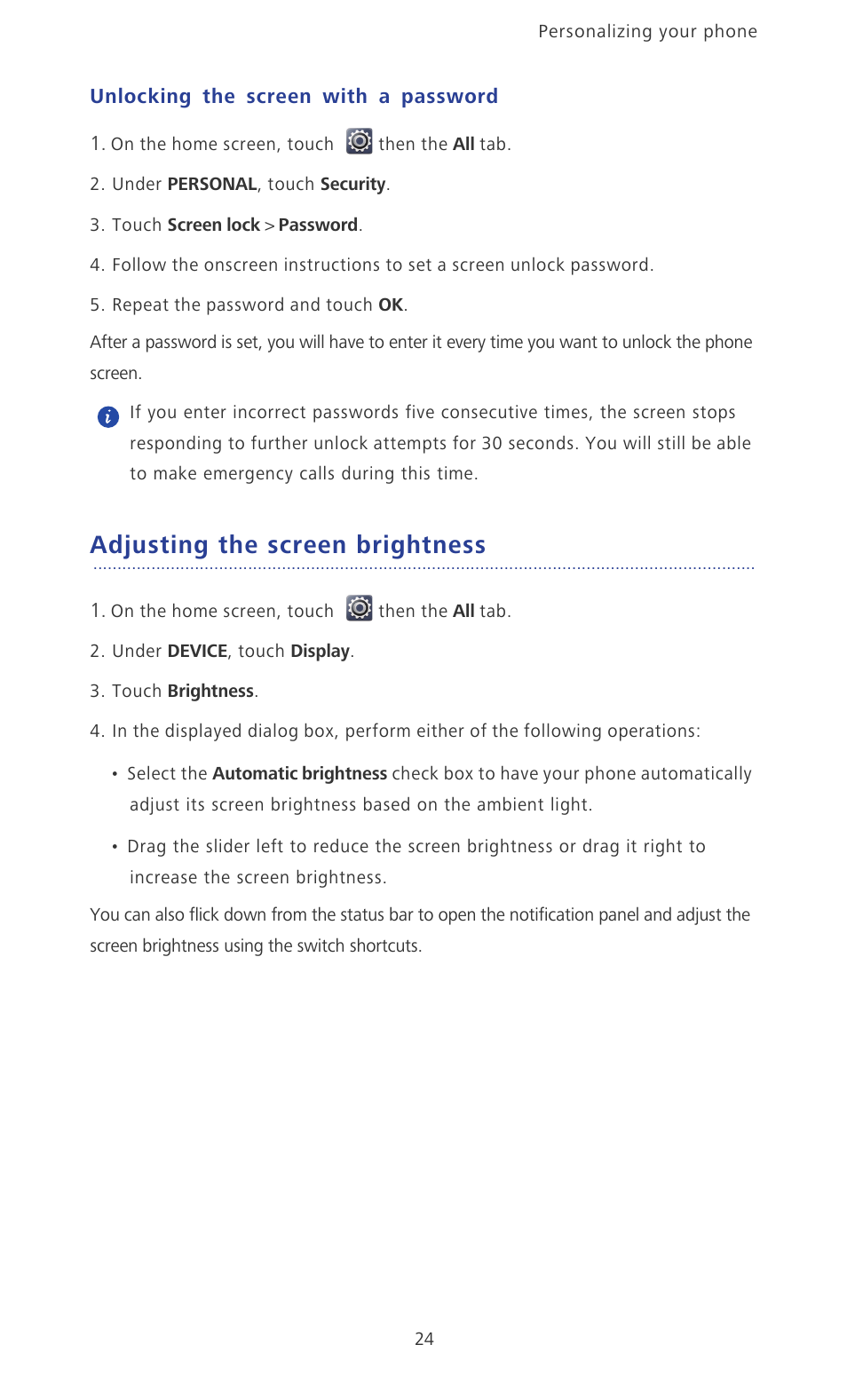 Unlocking the screen with a password, Adjusting the screen brightness | Huawei Ascend P2 P2-6011 User Manual | Page 29 / 104