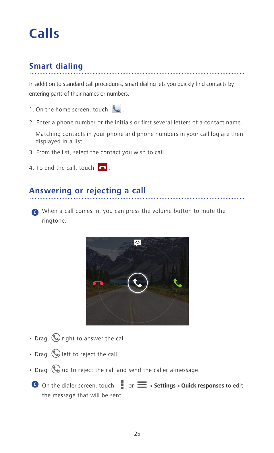 Calls, Smart dialing, Answering or rejecting a call | Huawei Ascend P2 P2-6011 User Manual | Page 30 / 104