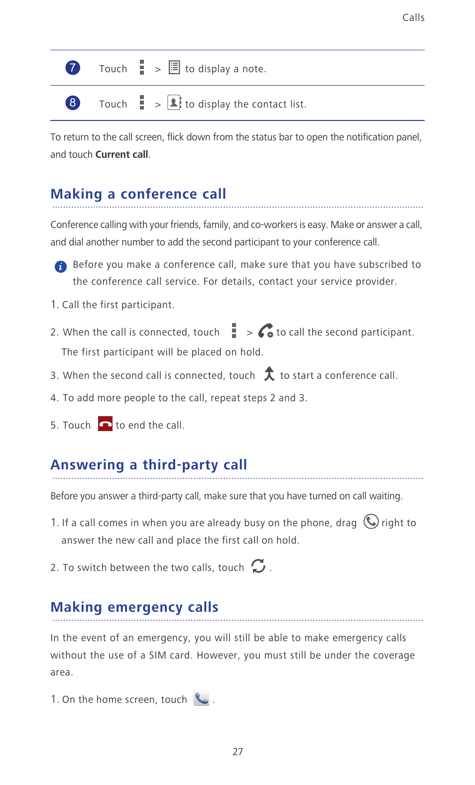 Making a conference call, Answering a third-party call, Making emergency calls | Huawei Ascend P2 P2-6011 User Manual | Page 32 / 104