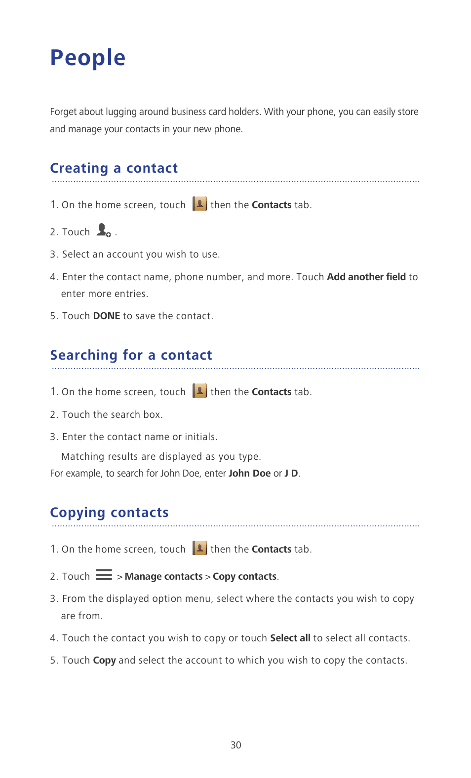 People, Creating a contact, Searching for a contact | Copying contacts | Huawei Ascend P2 P2-6011 User Manual | Page 35 / 104