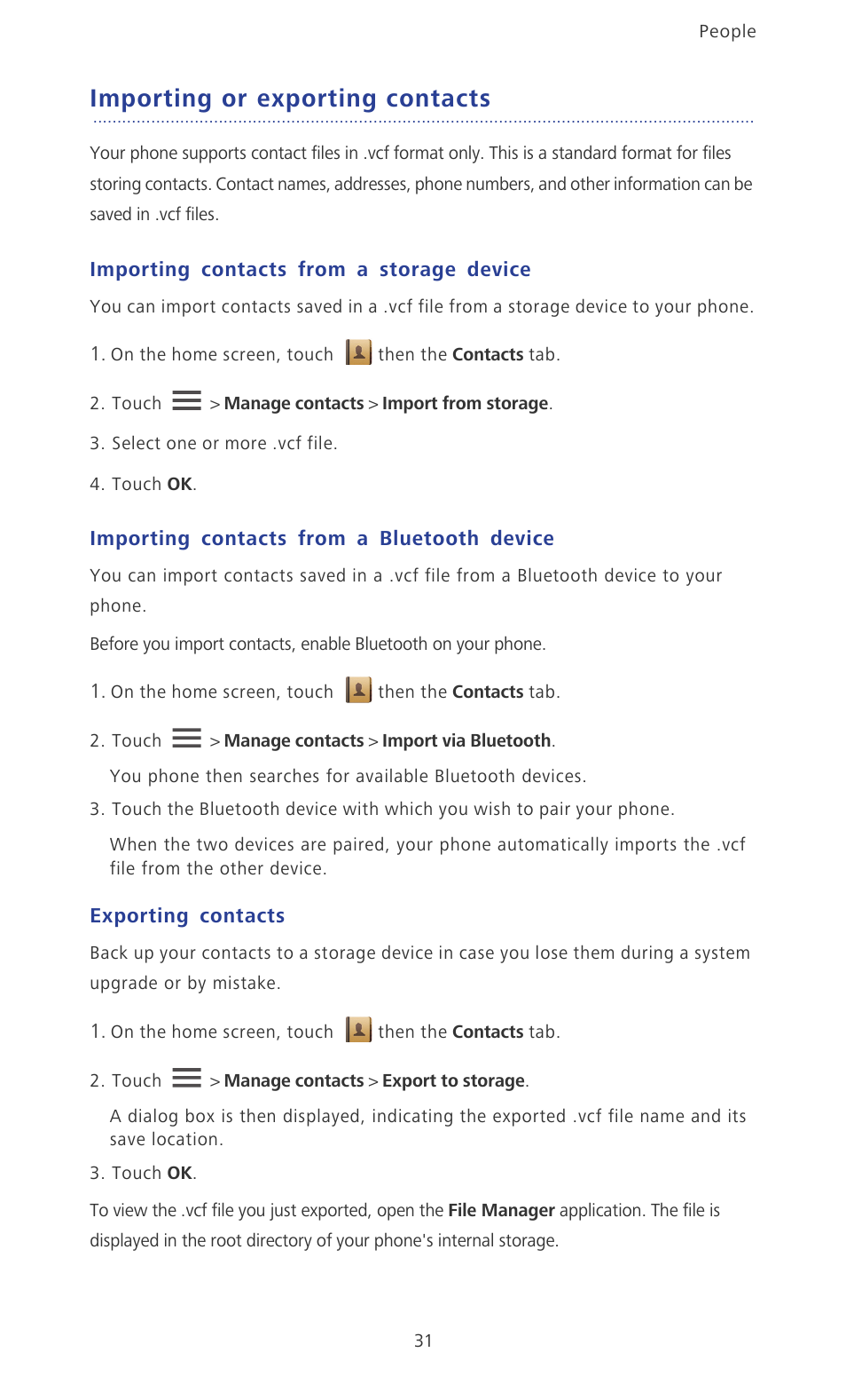 Importing or exporting contacts, Importing contacts from a storage device, Importing contacts from a bluetooth device | Exporting contacts | Huawei Ascend P2 P2-6011 User Manual | Page 36 / 104