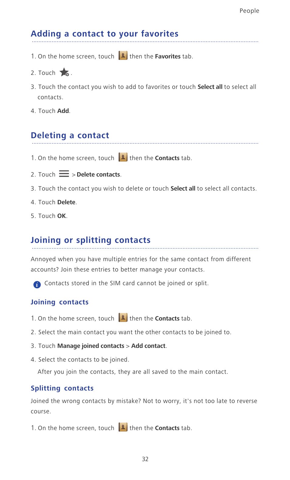 Adding a contact to your favorites, Deleting a contact, Joining or splitting contacts | Joining contacts, Splitting contacts | Huawei Ascend P2 P2-6011 User Manual | Page 37 / 104