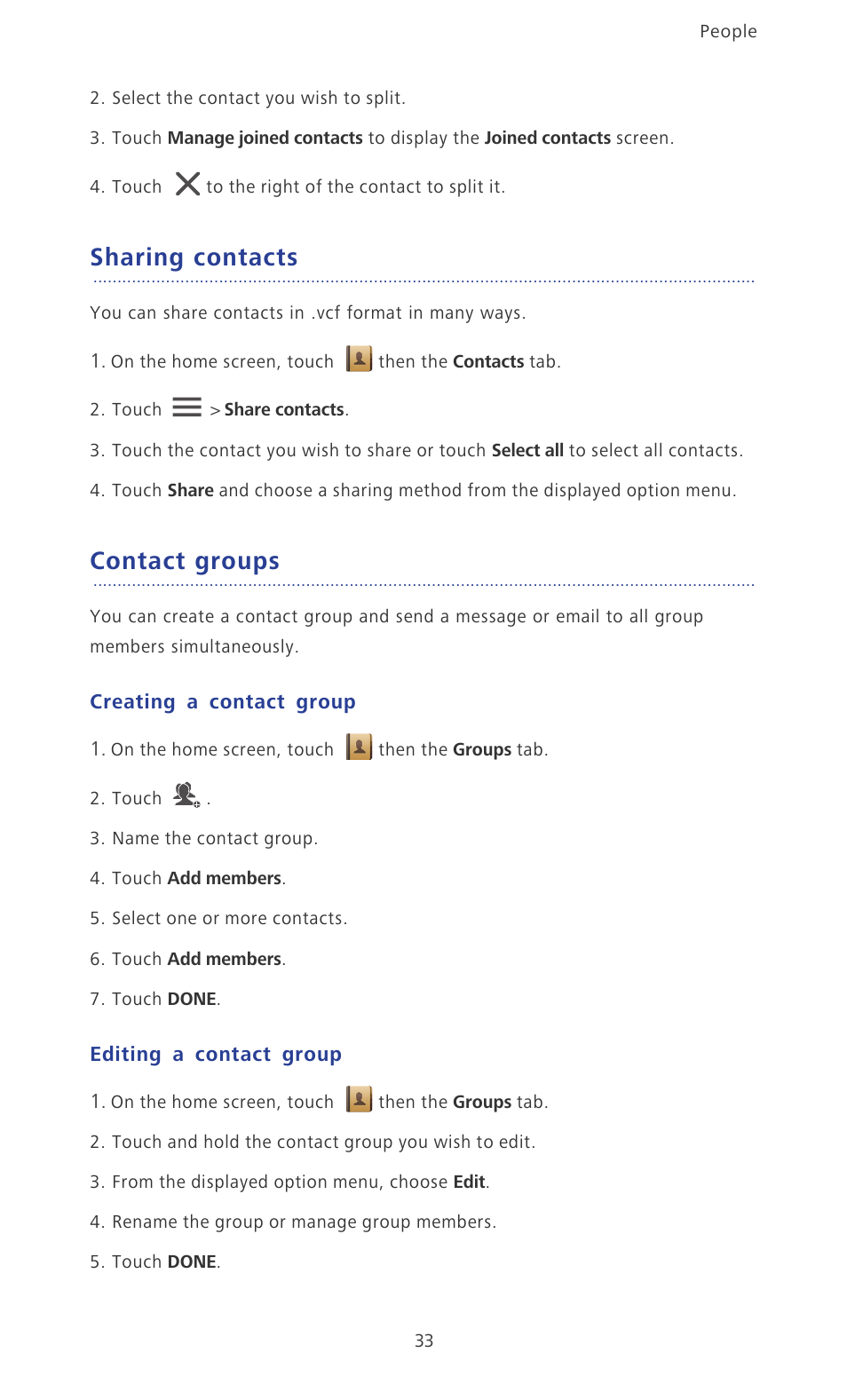 Sharing contacts, Contact groups, Creating a contact group | Editing a contact group | Huawei Ascend P2 P2-6011 User Manual | Page 38 / 104