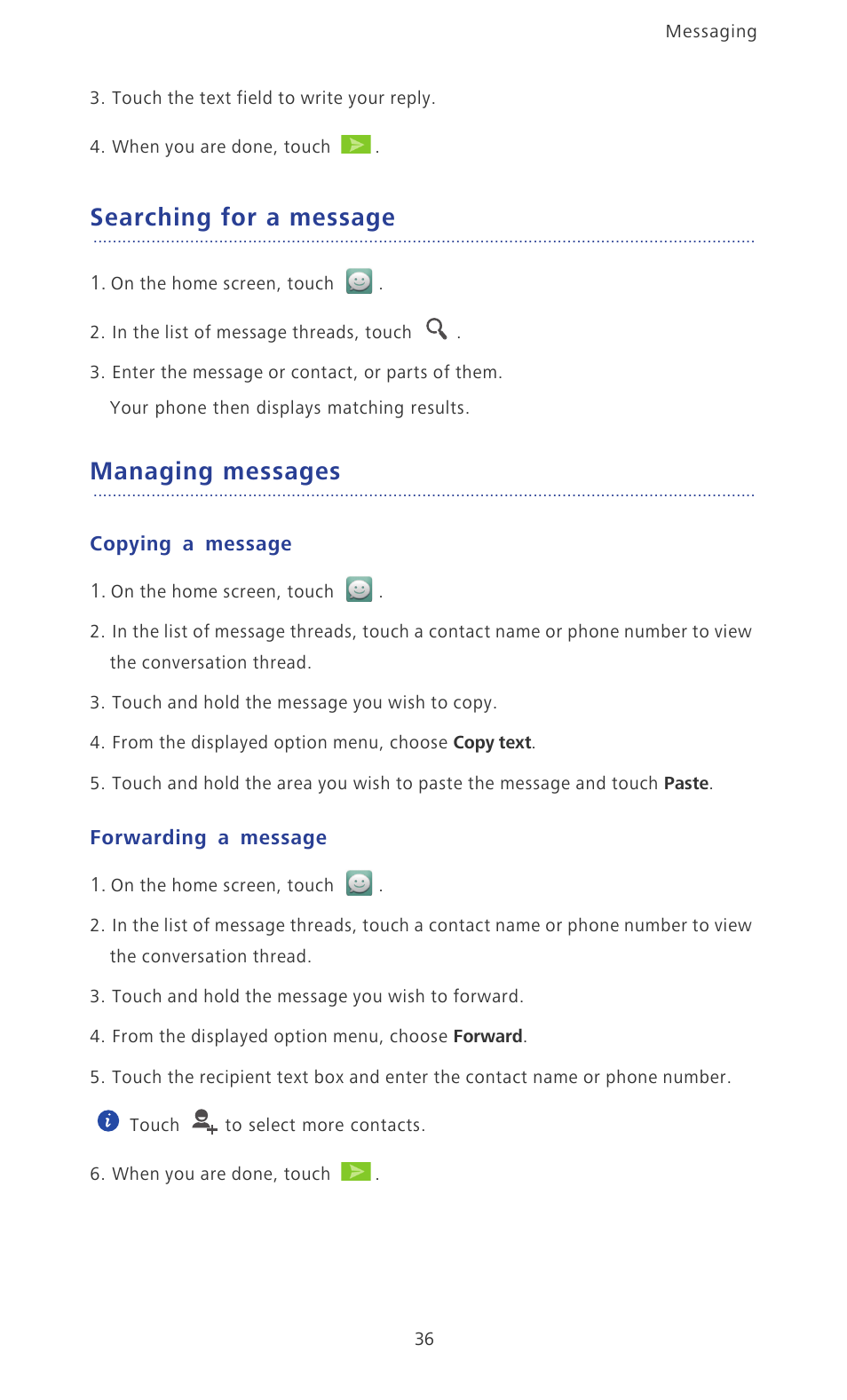 Searching for a message, Managing messages, Copying a message | Forwarding a message | Huawei Ascend P2 P2-6011 User Manual | Page 41 / 104