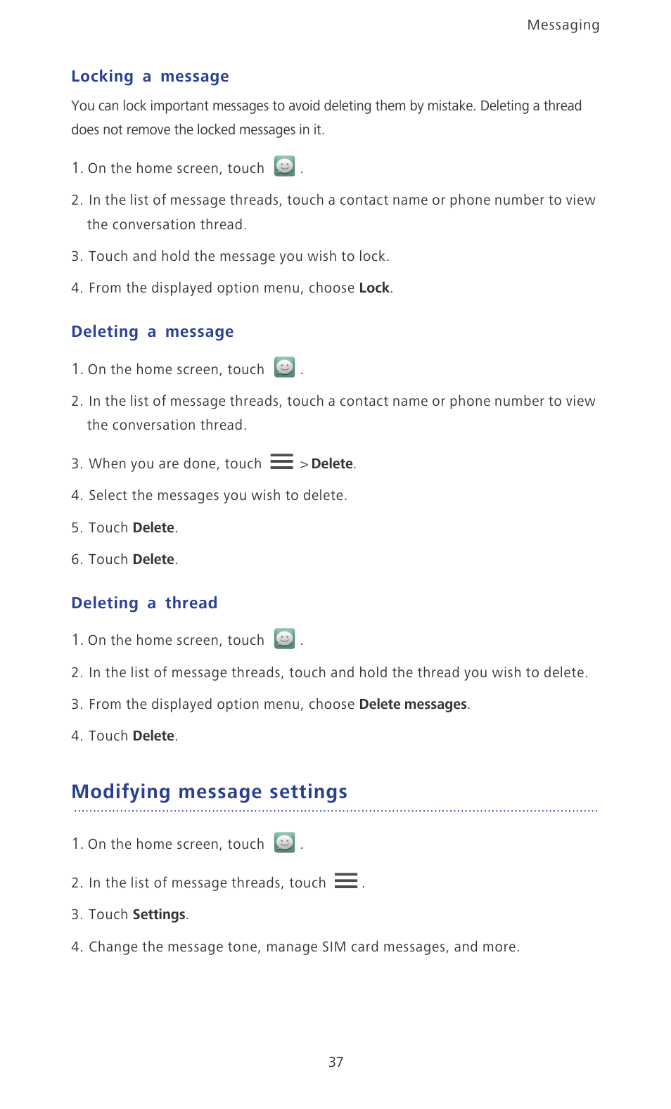 Locking a message, Deleting a message, Deleting a thread | Modifying message settings | Huawei Ascend P2 P2-6011 User Manual | Page 42 / 104