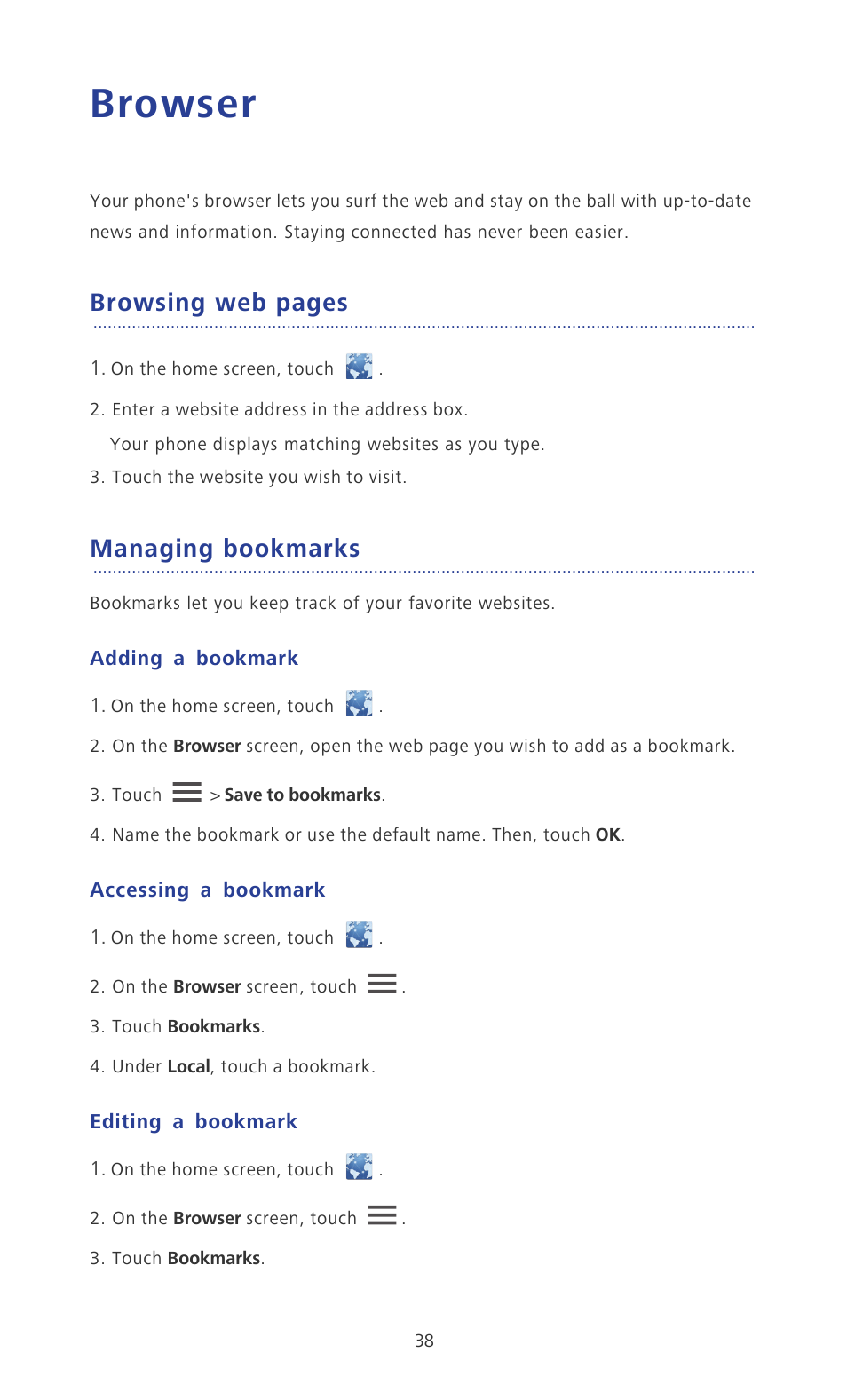 Browser, Managing bookmarks, Adding a bookmark | Accessing a bookmark, Editing a bookmark, Browsing web pages | Huawei Ascend P2 P2-6011 User Manual | Page 43 / 104