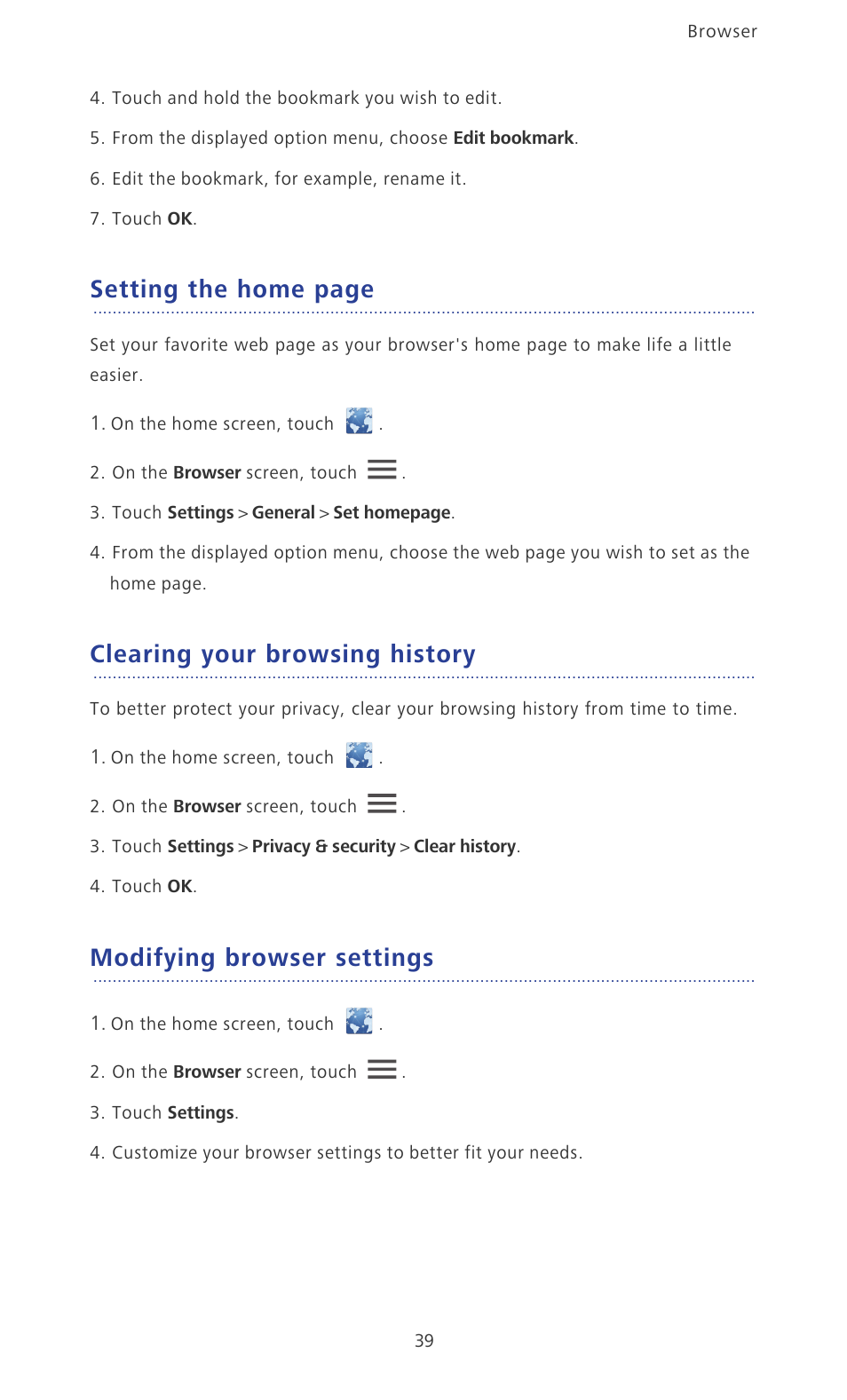 Clearing your browsing history, Modifying browser settings, Setting the home page | Huawei Ascend P2 P2-6011 User Manual | Page 44 / 104