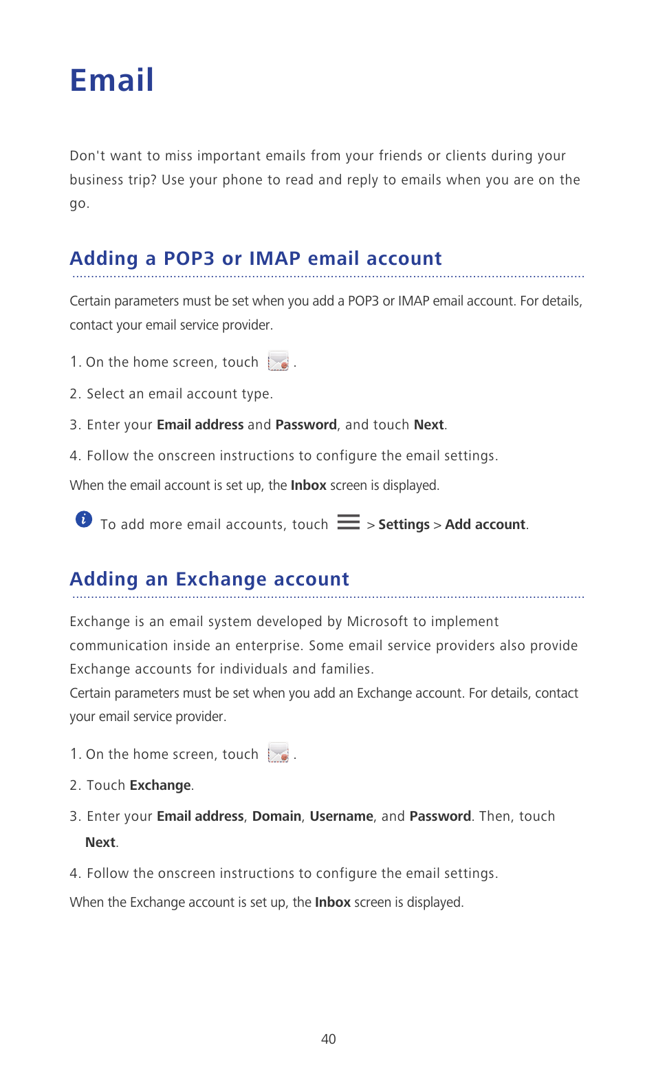 Email, Adding a pop3 or imap email account, Adding an exchange account | Huawei Ascend P2 P2-6011 User Manual | Page 45 / 104