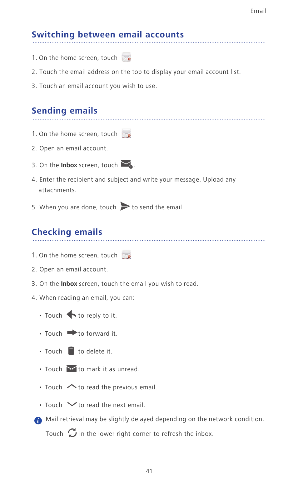 Switching between email accounts, Sending emails, Checking emails | Huawei Ascend P2 P2-6011 User Manual | Page 46 / 104