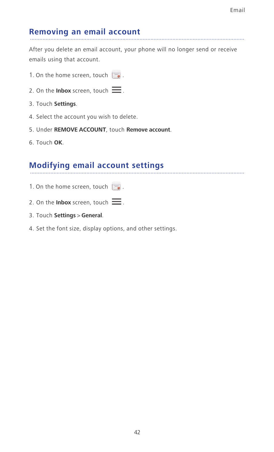 Removing an email account, Modifying email account settings | Huawei Ascend P2 P2-6011 User Manual | Page 47 / 104