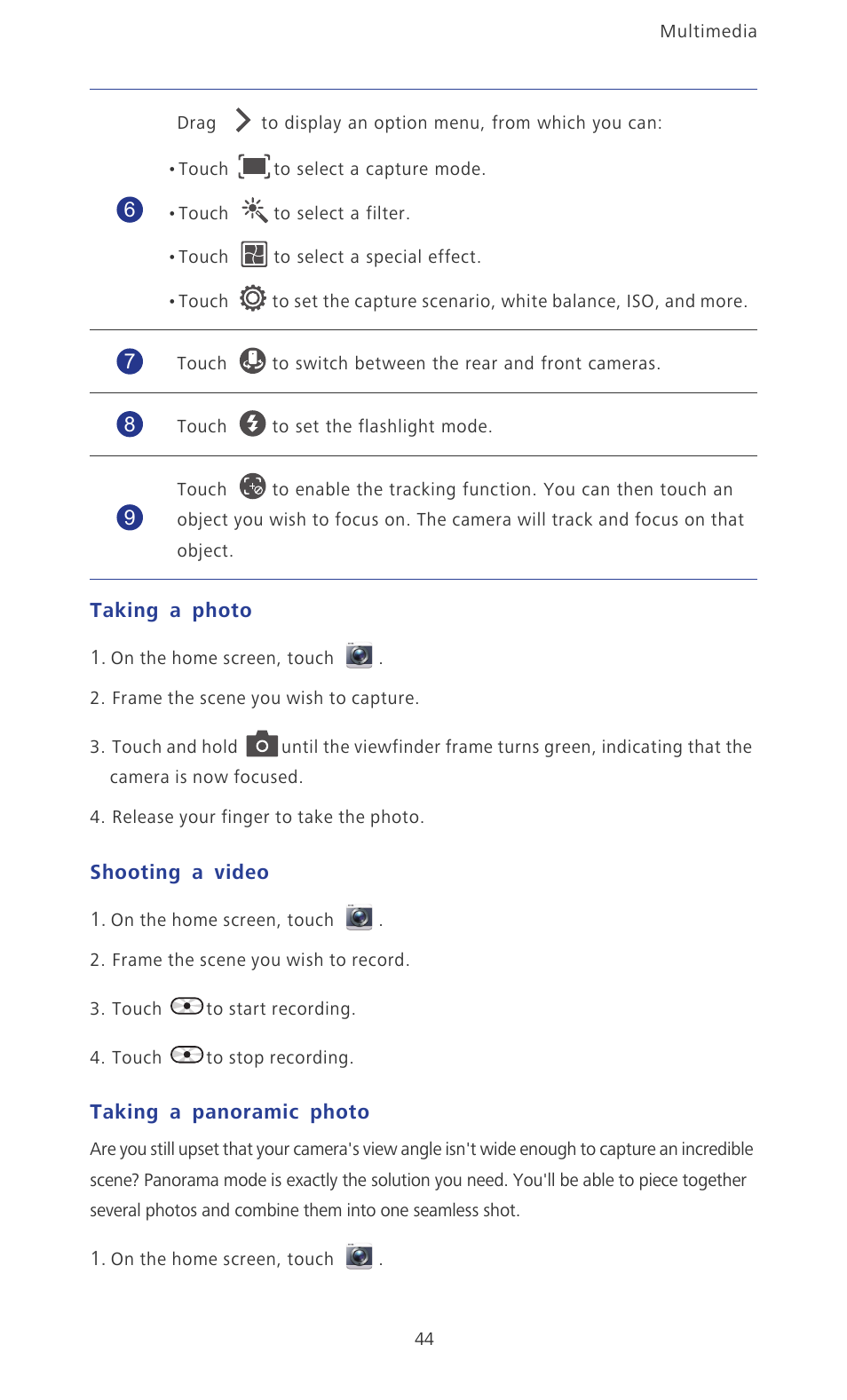 Taking a photo, Shooting a video, Taking a panoramic photo | Huawei Ascend P2 P2-6011 User Manual | Page 49 / 104