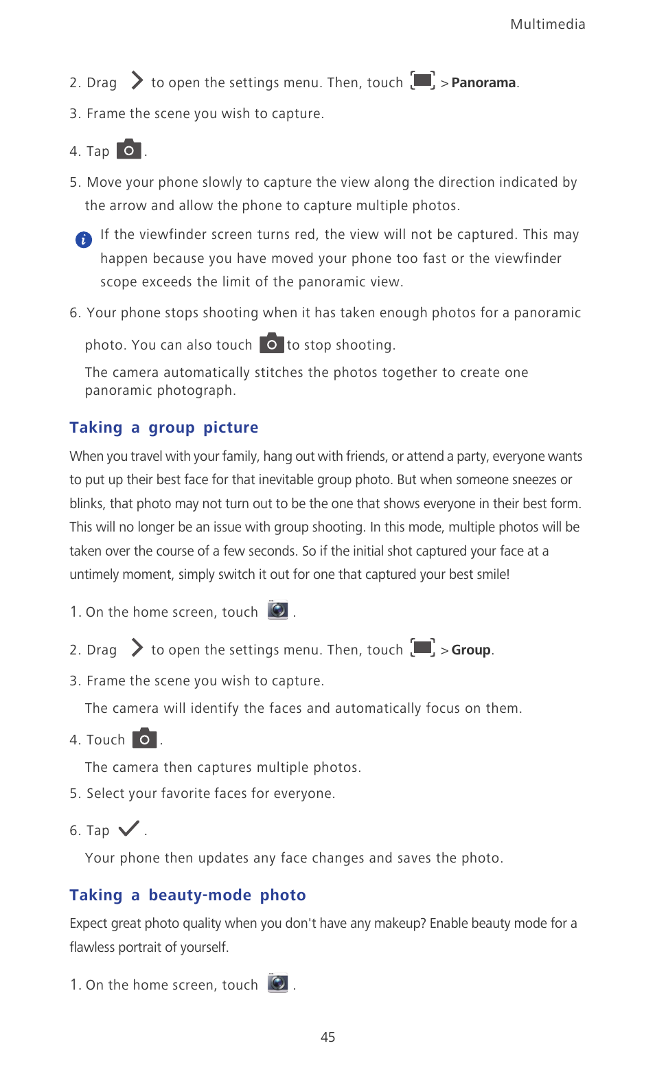 Taking a group picture, Taking a beauty-mode photo | Huawei Ascend P2 P2-6011 User Manual | Page 50 / 104