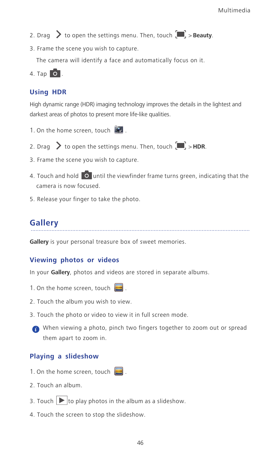 Using hdr, Gallery, Viewing photos or videos | Playing a slideshow | Huawei Ascend P2 P2-6011 User Manual | Page 51 / 104