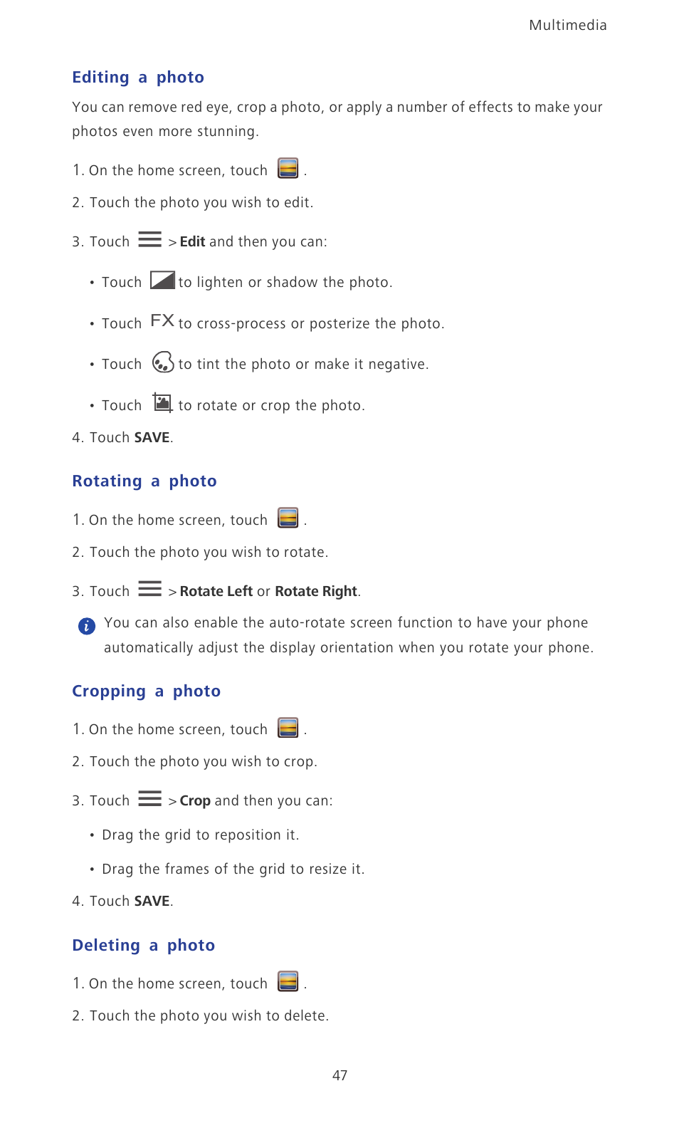 Editing a photo, Rotating a photo, Cropping a photo | Deleting a photo | Huawei Ascend P2 P2-6011 User Manual | Page 52 / 104