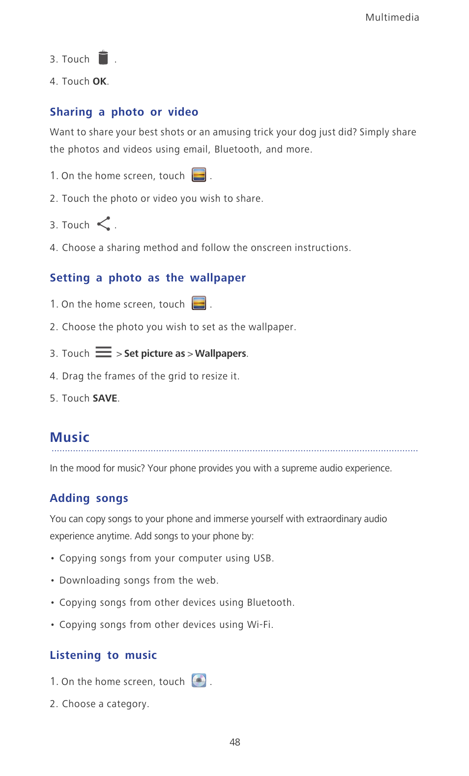 Sharing a photo or video, Setting a photo as the wallpaper, Music | Adding songs, Listening to music | Huawei Ascend P2 P2-6011 User Manual | Page 53 / 104