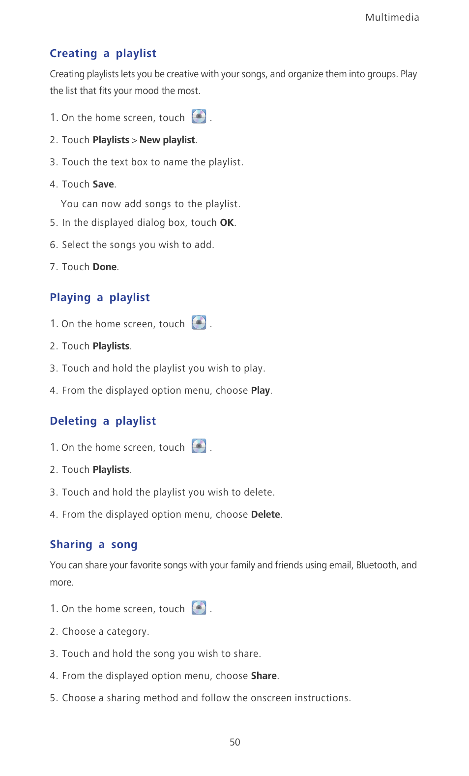 Creating a playlist, Playing a playlist, Deleting a playlist | Sharing a song | Huawei Ascend P2 P2-6011 User Manual | Page 55 / 104