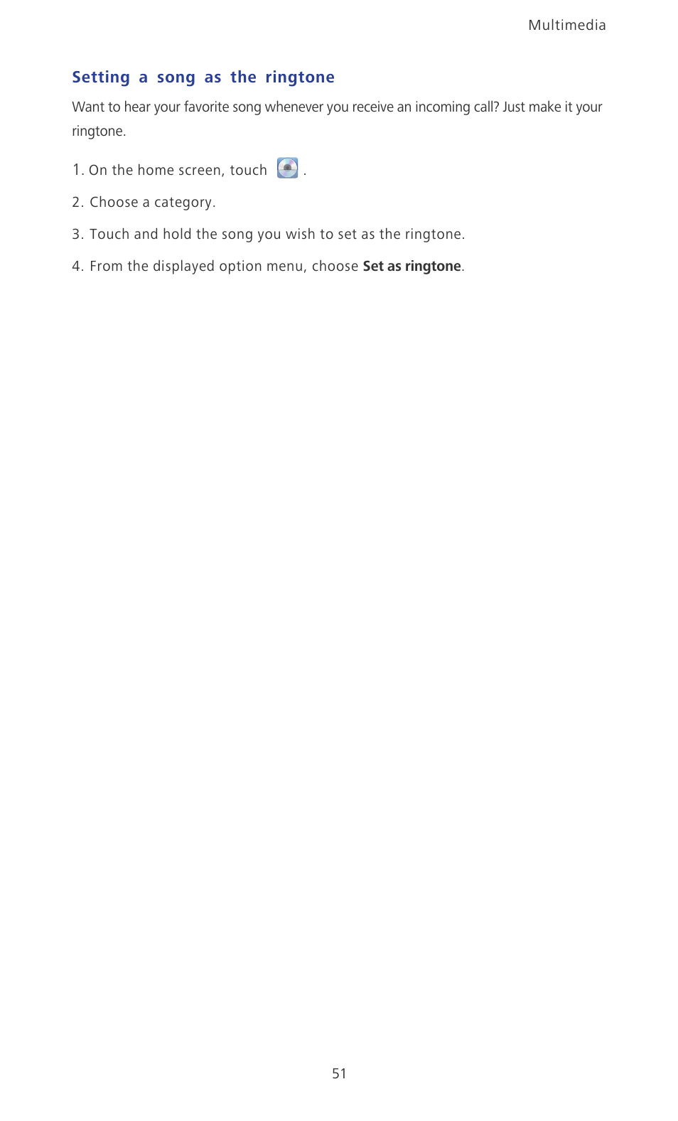 Setting a song as the ringtone | Huawei Ascend P2 P2-6011 User Manual | Page 56 / 104