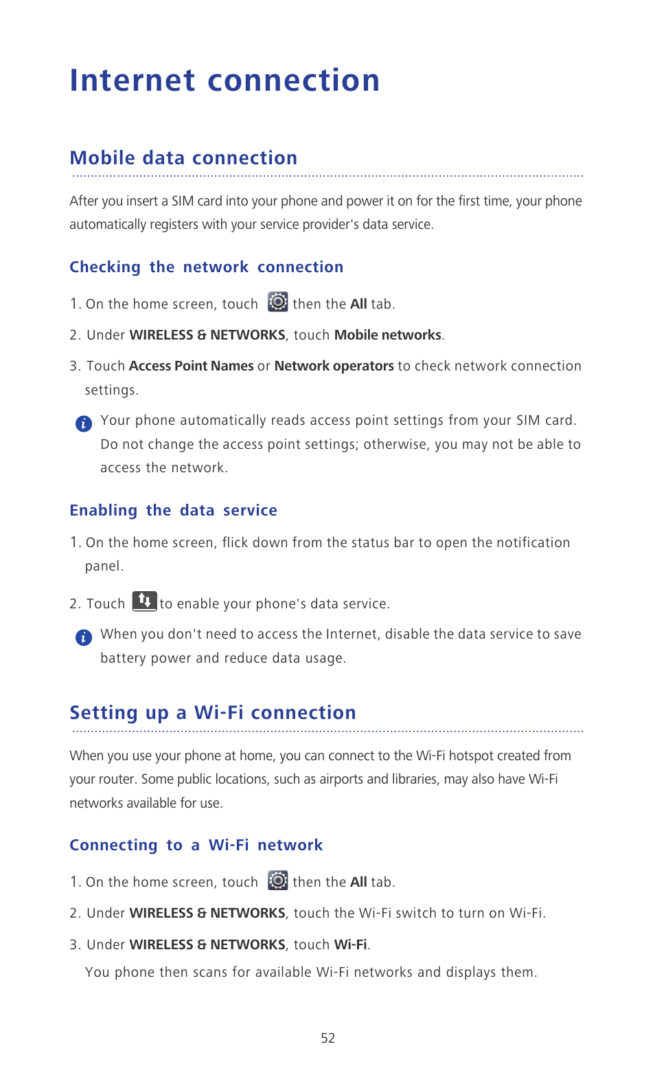 Internet connection, Mobile data connection, Checking the network connection | Enabling the data service, Setting up a wi-fi connection, Connecting to a wi-fi network | Huawei Ascend P2 P2-6011 User Manual | Page 57 / 104