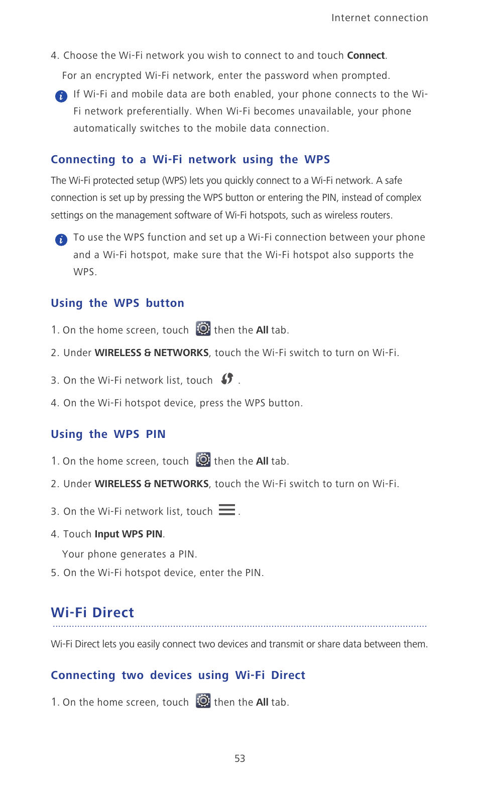 Connecting to a wi-fi network using the wps, Using the wps button, Using the wps pin | Wi-fi direct, Connecting two devices using wi-fi direct | Huawei Ascend P2 P2-6011 User Manual | Page 58 / 104