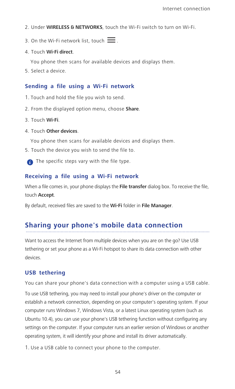 Sending a file using a wi-fi network, Receiving a file using a wi-fi network, Sharing your phone's mobile data connection | Usb tethering | Huawei Ascend P2 P2-6011 User Manual | Page 59 / 104