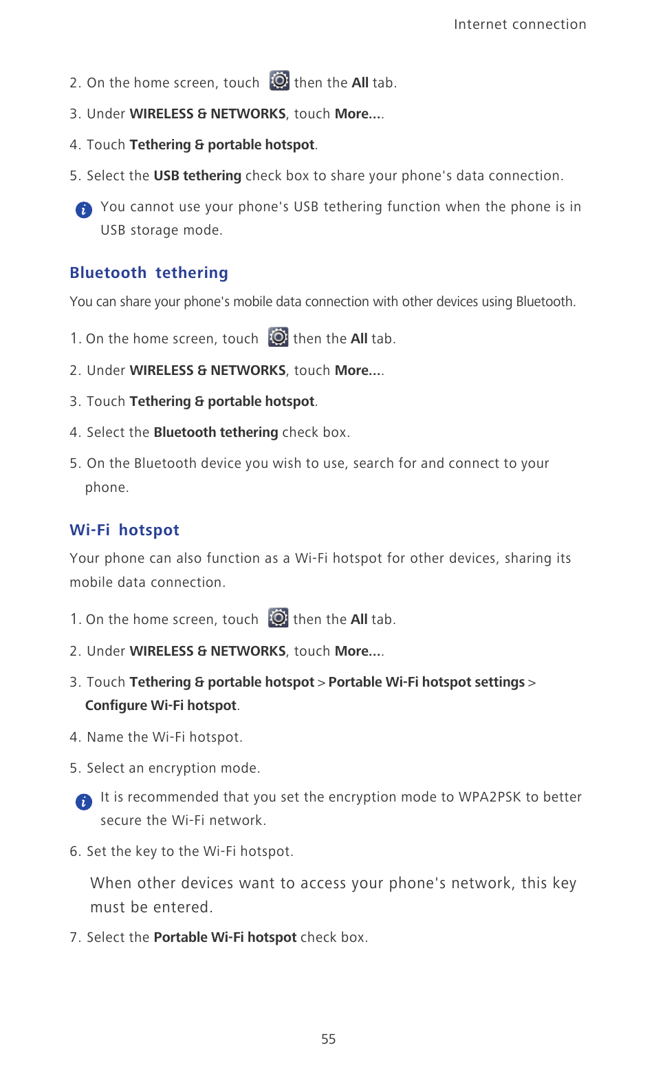 Bluetooth tethering, Wi-fi hotspot | Huawei Ascend P2 P2-6011 User Manual | Page 60 / 104