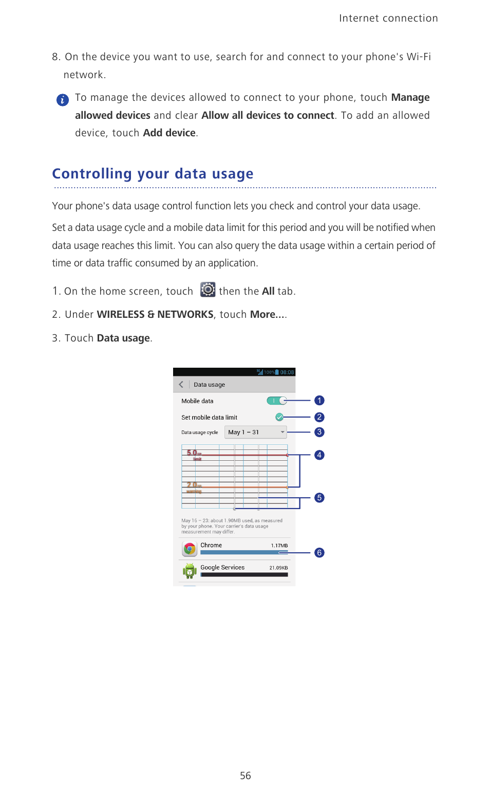 Controlling your data usage | Huawei Ascend P2 P2-6011 User Manual | Page 61 / 104