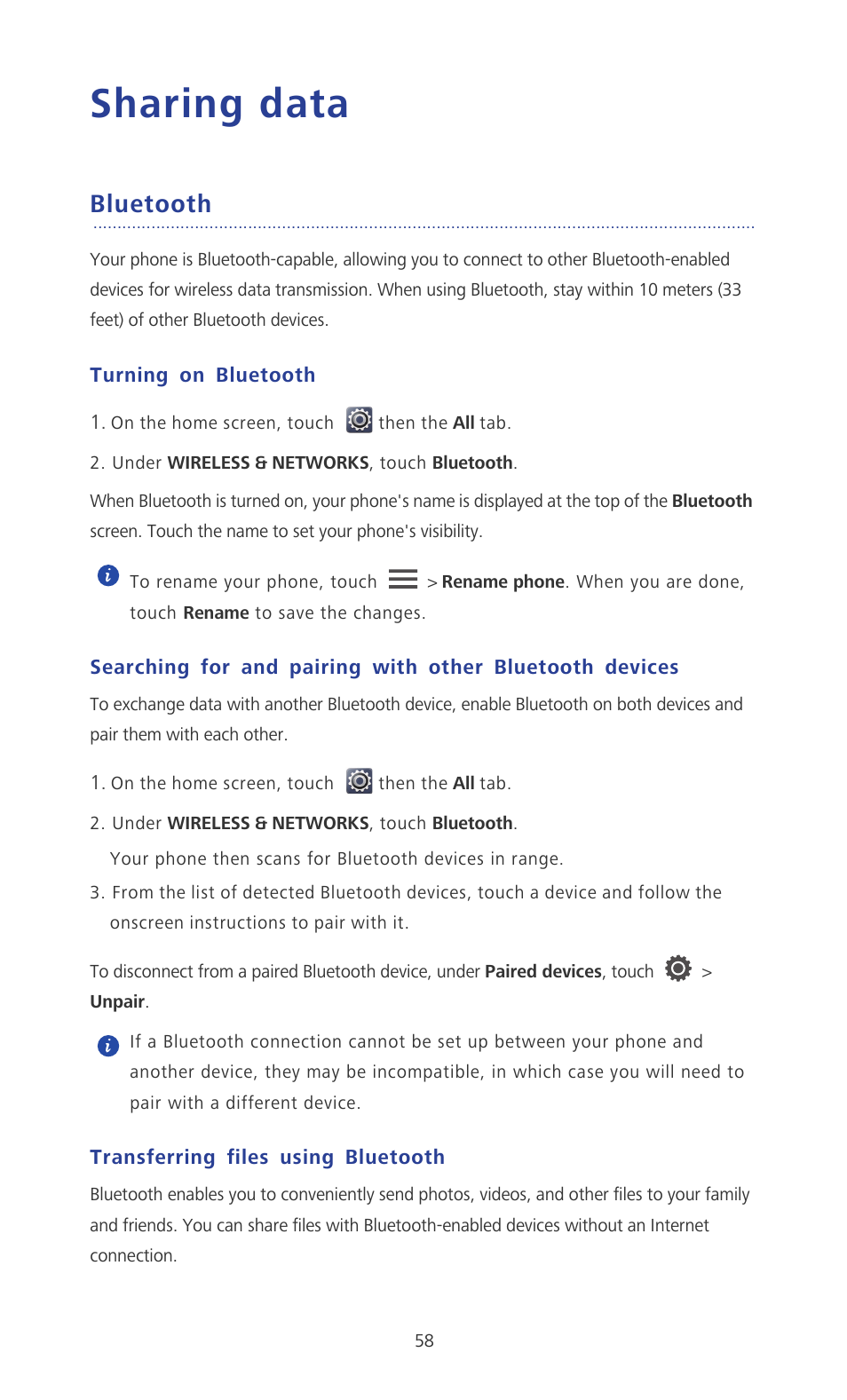 Sharing data, Bluetooth, Turning on bluetooth | Transferring files using bluetooth | Huawei Ascend P2 P2-6011 User Manual | Page 63 / 104