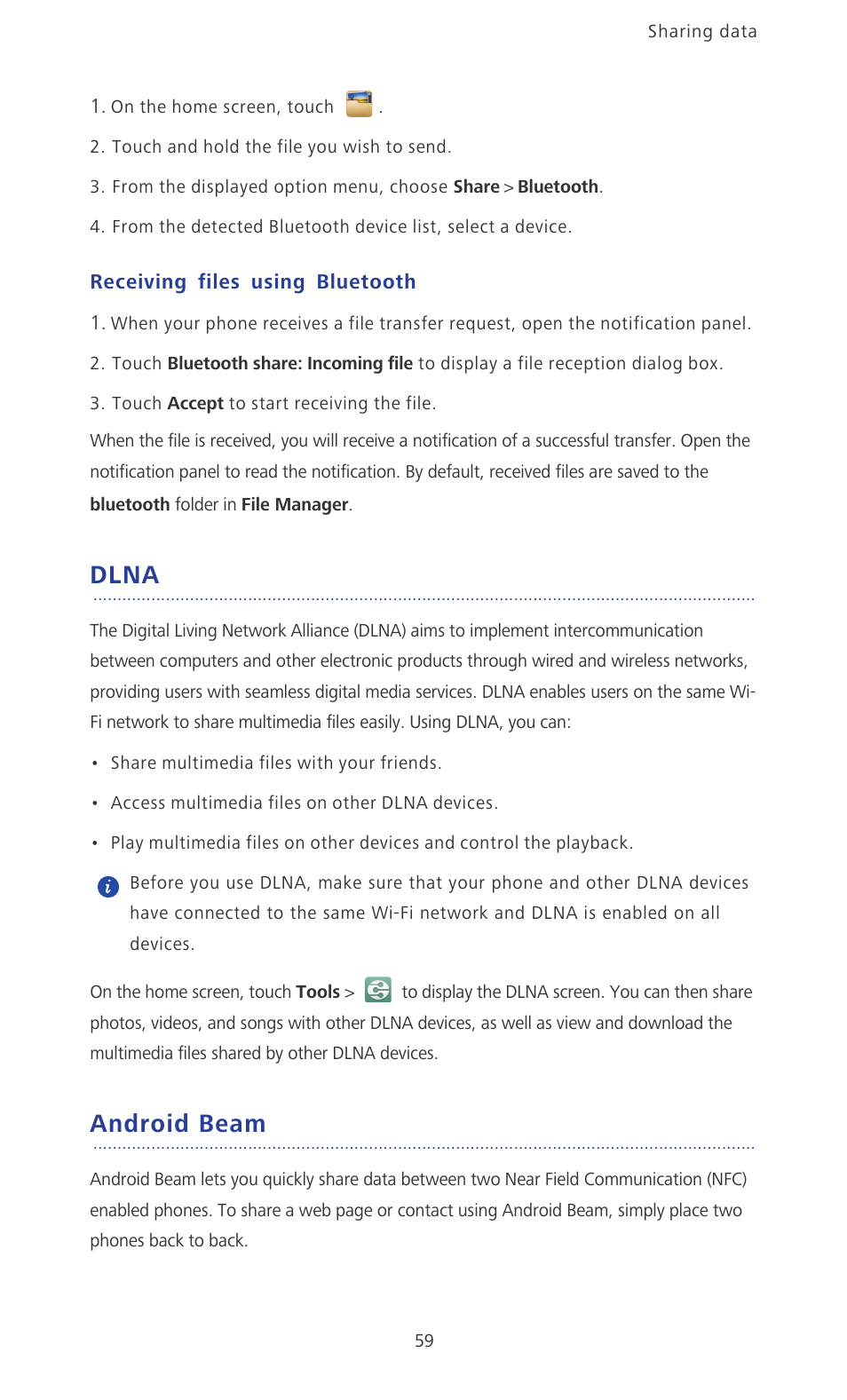 Receiving files using bluetooth, Dlna, Android beam | Huawei Ascend P2 P2-6011 User Manual | Page 64 / 104